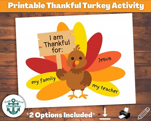 Printable Thankful Turkey for Kids Thanksgiving Crafts for Kids Craft Ideas Grateful Turkeys Worksheets Feather Feathers November Red Orange - Etsy