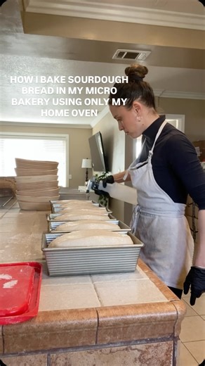 how I bake sourdough bread in my micro bakery using only my home oven 🍞✨ I’m currently still using my home oven to bake all of my bread and baked goods in my micro bakery. I’ve used this oven for almost 2 years now (I did have to replace the igniter twice 🫠), but it’s kept me going for a long time. *I can bake 6 loaves at a time in my oven - I’ve tried more but it doesn’t work properly *I bake at 460F with the lid on for 30 min. Then I remove the lid and bake for an additional 16-18 min at 460
