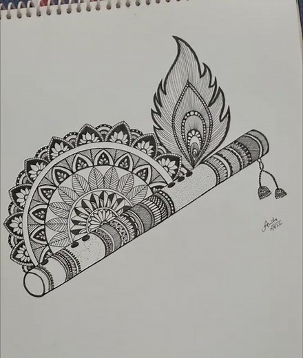 Flute Mandala Art#Easy Flute Mandala Design #Bansuri mandala art #Flute with feather Mandala Design