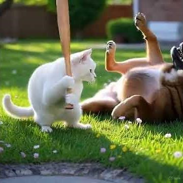 Hero Cat Saves the Day with a Baseball Bat! 🐱⚾️🐶