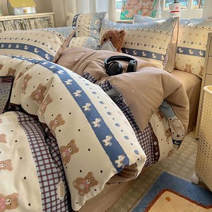 Kawaii Teddy Bear Bedding Set: Striped Cartoon Cotton Duvet Cover - Etsy