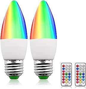 3W LED Dimmable RGBW LED Color Changing Light Bulbs - Lustaled C35 Color LED Lamp E26 Base RGB+Warm White, Memory Timer Function with Remote Control for Bars KTV Party Decoration Lighting (2-Pack)