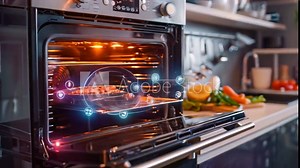 A close-up shot of a smart oven with the door open, revealing food cooking on the rack. The oven has a digital display showing the cooking process and settings.