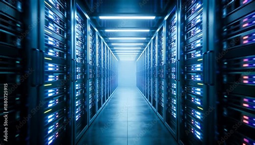 Illuminated server room data center aisle with glowing racks network technology server room, lights, blinking.