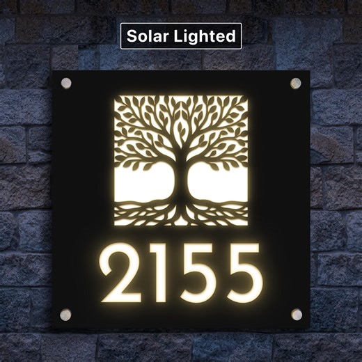 Celtic Tree of Life Solar Address Sign, Lighted House Numbers, Outdoor LED Address Plaque,