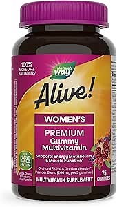 Nature’s Way Alive! Premium Women’s Gummy Multivitamin, Supports Energy Metabolism, Muscle Function*, B-Vitamins, Grape, Cherry, & Blueberry-Acai Flavored, 75 Gummies (Packaging May Vary)