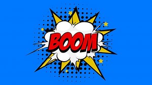 Download boom Word in Red-colored Text in Cartoon Comic Bubbles with Explosive Patterns on a Vibrant Blue Background, Seamlessly Looping Animation in 4K resolution. for free