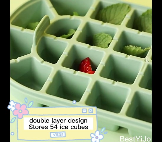 Ice Cube Tray with Lid and Bin, Soft Silicone Ice Bucket for Freezer, Handheld Coffee Ice mold with Shovel, Stackable Ice Container with Storage Box for Outdoor Camping, RV Travel (Green)