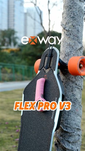 (A) Exway Flex Pro V3 – Fast. Safe. Seriously fun. Flex Pro V3 is designed to turn heads while delivering real performance. Ride up to 31 mph (50 km/h) with a range of up to 37 miles (60 km), all on a flexible deck that smooths out rough roads and keeps every ride comfortable. The integrated lighting system — including turn signals and brake lights — makes you highly visible and more confident in traffic, whether it’s daytime cruising or night riding. Perfect for commuting, street carving, or ju