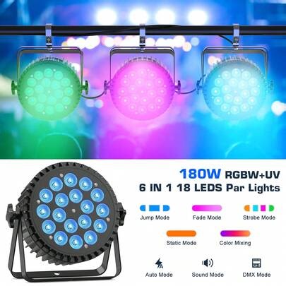 180W RGBW+UV 18PCS LED Par Lights , 6 In 1 Stage Light , Sound Activated Auto Play Remote & DMX Control DJ Light For New Year Christmas Church Wedding Party Bar Club Mobile Music Live Show Entertainment Stage Lighting | SHEIN