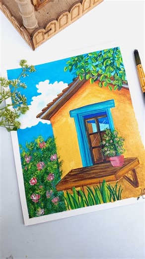 Cute House & Garden Acrylic Painting🎨| Easy Nature Painting for Beginners #art #shorts #trending