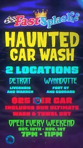 🎃 HAUNTED CAR WASH 🎃 Michigan’s #1 Haunted Car Wash returns! Open Every Weekend starting Oct 10 - Nov 1, 2025 @fastsplashcarwash Embrace the season and prepare yourself for spooky fun at Fast Splash’s Haunted Car Wash! 👻🔥 Get ready for an ultimate Halloween event unlike any you’ve experienced before! 😱 ✨2 LOCATIONS!✨ 📍Detroit - Livernois & Warren 📍Wyandotte - Fort St & Goddard Ticket includes our ULTIMATE WASH & TOWEL DRY #detroit #michigan #wyandotte #dearborn #melvindale #taylor #allenp