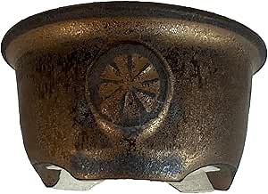 BONJIN] Mame Bonsai Tree Pots with Drainage - Succulent - Indoor Plants - Ceramic - Gold - Round with Ridge - 2.4inchxH1.2inch - Handmade by Japanese Artist Tatsuya Kato