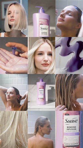Say hello to your brightest blonde ever! ✨ Suave Bonding Infusion Purple Shampoo is here to repair, neutralize, and brighten your blonde like never before. Rebuild bonds, refresh tones, and shine! 💜 | Suave