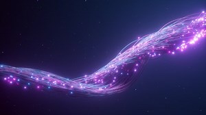 Glowing fiber optic cable. Information flows by wire. The concept of technology and information transfer. Modern blue purple color spectrum