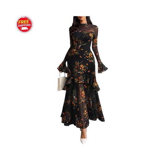 Womens Floral Maxi Dress Sheer Mesh Bell Sleeve Tiered Ruffle Gothic Long Dress - Etsy
