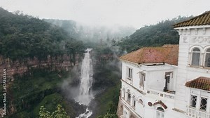 Tequendama Mansion With The Largest Wastewater Waterfall In Southwest Bogota, Colombia. Aerial Reveal
