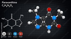 Paraxanthine (1,7-dimethylxanthine), is a dimethyl derivative of xanthine, structurally related to caffeine. Formula: C7H8N4O2. 3D render. Seamless loop. Ball and Stick chemical structure model.