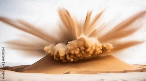 An intense sand explosion in a barren desert landscape. The forceful blast sends sand and dust into the air, creating a dramatic visual effect.