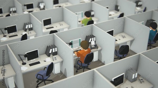 Aerial View Of The Corporate Open Room With White Office Cubicles And Employees Working In It Every Contemporary Cubicle Has A Similar Design The Desk With Computer Monitor Telephone And Chair Stock Video