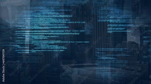 Animation of programming language moving over modern buildings