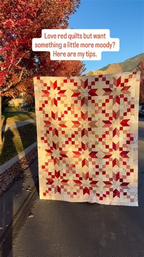 A Crafty Fox | Quilts and Books on Instagram: "I made a list of tips for yellow quilts and it was a hit so here are my tips for combining reds to get a little more moody. I’ve made two red quilts in the last month, one a nod to vintage embroidery in Cranberry and my new Maple Sonnet. And if you compare the two, they are nothing alike even though they are both ‘red’ and they are both cohesive. So here are three of my tips for combining reds to get something special 🧵 🪡 1: all reds lean either w