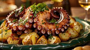 Deliciously grilled octopus served with roasted potatoes and fresh herbs at a seaside restaurant