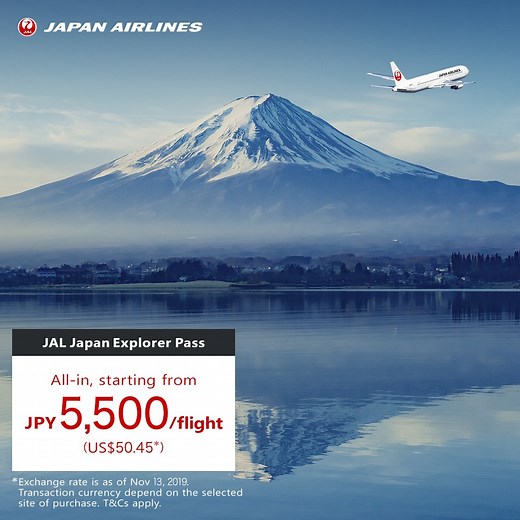 Explore over 30 destinations in Japan with ​fixed-rate domestic air fares - JAL Japan Explorer Pass. ​Fare per domestic flight is as low as JPY5,500 (USD50.56*). Enjoy a smooth travel experience with free inflight Wi-Fi and comfortable cabins. *The exchange rate is as of November 20, 2019. | Japan Airlines