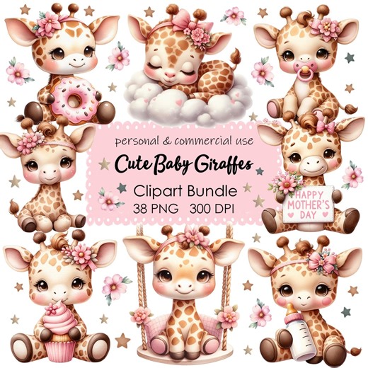 Adorable Watercolor Baby Giraffes Clipart Bundle - Nursery Decor, Baby Shower Invites - 38 PNG Files - Etsy