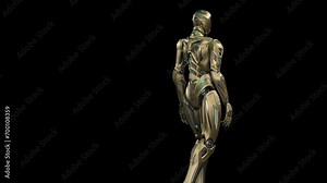 Futuristic alien robot walk or yellow humanoid cyborg steps from left to right side of the screen. Full body isolated on black background with alpha. 3d rendering animation