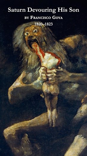 The Mind Arts on Instagram: "“Saturn Devouring His Son” by Francisco Goya depicts the mythological story of the god Saturn, who eats his own child out of fear that one of his children will overthrow him. The painting is extremely dark and intense, with Saturn’s crazed eyes and savage expression highlighting his madness and desperation. This painting is part of Goya’s “Black Paintings” series, created during a time when the artist was deeply depressed and disillusioned. The series was painted dir