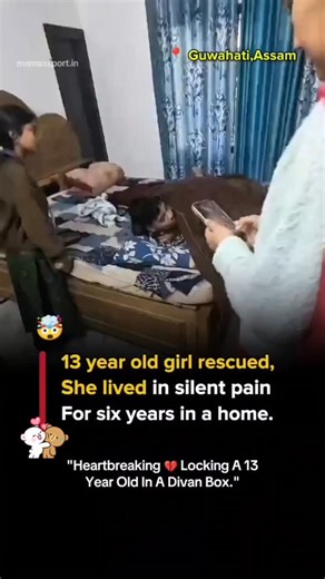 sweetlove._143 on Instagram: "Follow please 🥺 A viral video circulating on social media captures the dramatic rescue of a 13-year-old girl who was hidden inside the storage compartment of a divan bed during a raid by authorities in Guwahati's Panjabari area. In the footage, several people-including officials and witnesses-are seen in a residential room with blue patterned curtains and tiled flooring. They urgently lift the mattress off a divan bed and open the built-in storage box beneath it. A