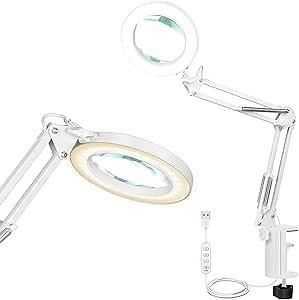 Magnifying Glass with Light and Clamp 20+10X Desktop Bigger Magnifier Desk Clip on Lamp for Close Work, Bed Book Reading,Crafting,Sewing, Soldering, Easy Use 5 Color Modes Head Controller USB