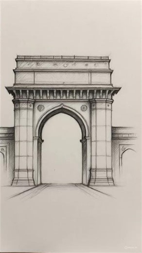 India gate pencil sketch timelapse realistic shading, clean lines & symmetrical Architecture drawing