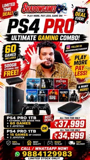 🔥 PS4 Pro 1TB Mega Gaming Combo | 60 Games + Free 500GB HDD + 2 Controllers at ₹37,999 🎮