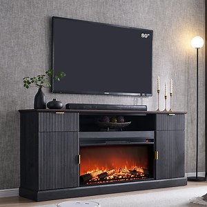 SinCiDo Fluted Fireplace TV Stand for 80 inch, Entertainment Center with 36" Electric Fireplace, 2 Drawers and Adjustable Shelves, Wood TV Stand for Living Room