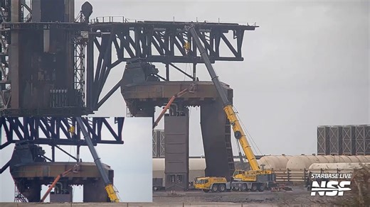 The Starbase Pad 1 decommission work reached another milestone as the first panel of the OLM cover was fully cut and lowered to the ground. With workers & cutting torches visible around the clock, further pieces should follow. | NASASpaceflight.com