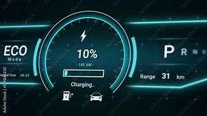 Battery charging status interface on electric vehicle using DC fast charger from charging station, futuristic smart HUD power level indicator UI display for EV industry technology 3d rendering