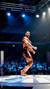 Muscular bodybuilder posing on stage under dramatic spotlight with audience.