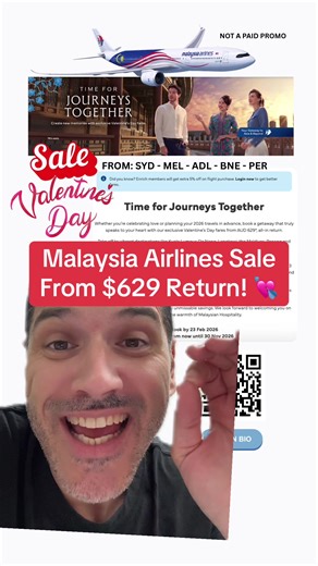 ❤️✈️ Valentine’s Sale is LIVE 💘 Malaysia Airlines Return flights from AUD 629 all-in* 🌏 Fly to: 🇲🇾 Kuala Lumpur 🇻🇳 Da Nang 🏝 Langkawi 🇲🇻 Maldives 🇲🇾 Penang …and more. What you get 👇 ✔️ 20kg baggage included ✔️ A330neo on selected flights ✔️ Fully flat Business Class beds with privacy doors ✔️ Award-winning Economy seats ✔️ 4K entertainment FREE unlimited Wi-Fi ✔️ Meals included ✔️ Buy Now, Pay Later (PayPal Pay in 4) 📅 Book by 23 Feb 2026 🧳 Travel until 30 Nov 2026 💡 From AUD 629*