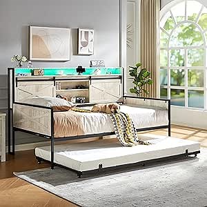 LUXOAK Twin Daybed with Trundle, Farmhouse Daybed Frame with Sliding Barn Door Headboard and Charging Station & LED Light for Bedroom and Guest Room, Rustic White