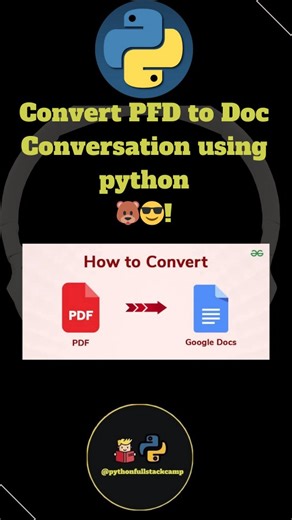 pythonfullstackcamp on Instagram: "Let's convert a PDF to a DOCX using Python! 💻🐍 convert pdf to docx python python pdf to word pdf to docx python convert pdf to docx using python python pdf to docx tutorial pdf2docx python extract text from pdf to word python convert pdf to editable word python best library to convert pdf to docx python python script pdf to docx #learnpython #pythontips #pythondev #pythonbeginner #pythondeveloper"