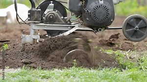 Man farmer working in field ploughing the land with a plough on a farm. Ploughman on a walk behind motor cultivator. Season processing soil in village. Organic cultivate natural products. Agriculture