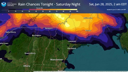 A frontal system crosses the region today bringing increasing chances for showers tonight. Low pressure crosses Saturday, bringing cooler temperatures and periods of rain and some thunderstorms. Here is one model's depiction of timing and coverage. The heaviest rainfall will occur from the foothills northward with amounts of 1 to 2 inches possible. Elsewhere amounts will vary from 0.25-1", lesser amounts in southern New Hampshire. Rain ends for most tomorrow night. | US National Weather Service 