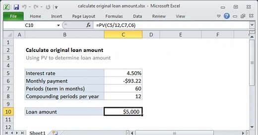Calculate original loan amount