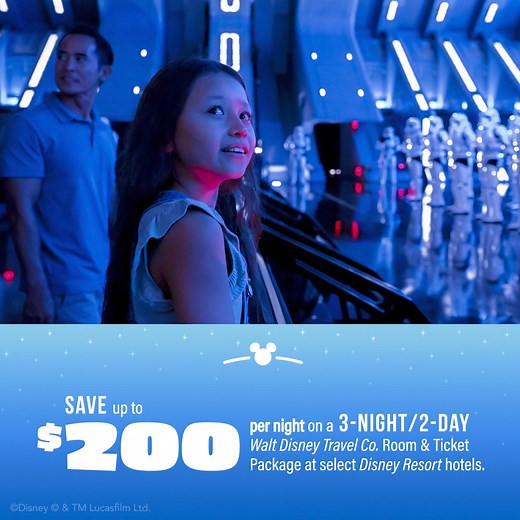 Save up to $200 per night on a 3-night/2-day Walt Disney Travel Co. room & ticket package at select Disney Resort hotels! | Walt Disney World