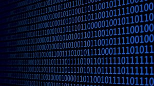 An abstract representation of binary code fills the background. The composition showcases rows of zeros and ones, creating a sense of depth and digital complexity.