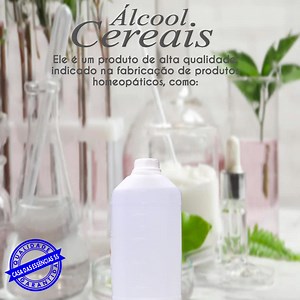 O álcool de cereais é denominado quimicamente de álcool etílico de cereais. O cereal da qual é extraído este álcool é o milho. Ele é um produto de alta qualidade, indicado na fabricação de produtos homeopáticos, extrato de própolis, perfumes, aromatizadores, produtos desodorizantes e bebidas finas. Grau INPM: de 93,7 a 96,9ºINPM (norma NBR 5992) Grau GL 25ºC: de 95,9 a 98 ºGL (norma NBR 5992) Informação do fabricante: Este álcool tem alto grau de pureza pois passa por duas destilações. Na fabric