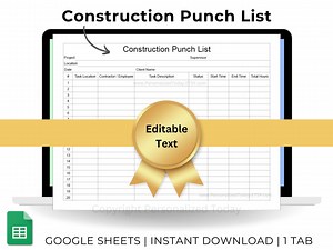 Construction Punch Out List Google Sheets Labor Hours and Tasks Form Template Text Editable Contractor Snag List Printable in US Letter Size - Etsy
