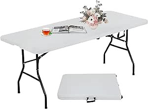 6FT Folding Table, Heavy Duty Plastic Table Portable Fold-in-Half Utility Table Indoor Outdoor Picnic Table w/Handle & Lock for Camping BBQ Party Wedding Market Events, 500LBS